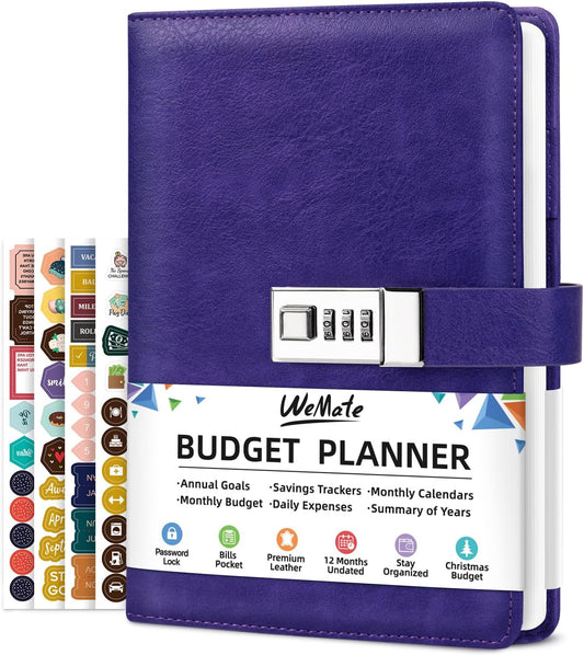 WEMATE Budget Planner 2025 with Lock, Monthly Budget Book with Expense Tracker Notebook, Undated Financial Planner to Manage Your Money, A5 Leather Account & Budget Book, Purple