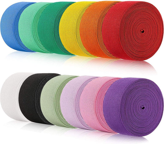 WILLBOND 12 Rolls Colorful Elastic Band Folding Elastic Cord Heavy Duty Stretch Band Knitted Flat Band for Sewing Crafts DIY Comforter Cuffs(1 Inch X 2.2 Yard,Bright Color)