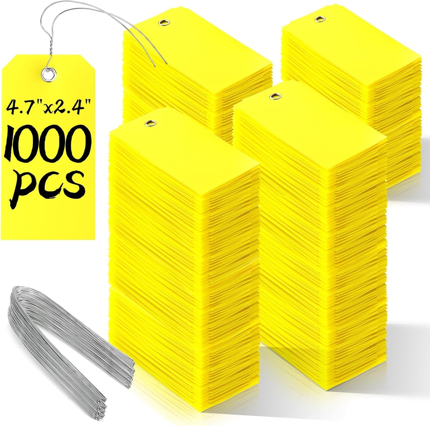 1000 Pieces Plastic Shipping Tags with wire Labeling Tags Waterproof Hang Tags with Reinforcement Hole Writable Luggage tag Loops for Equipment Inventory Parts Garage Storage (Yellow, 4 3/4" x 2 3/8")
