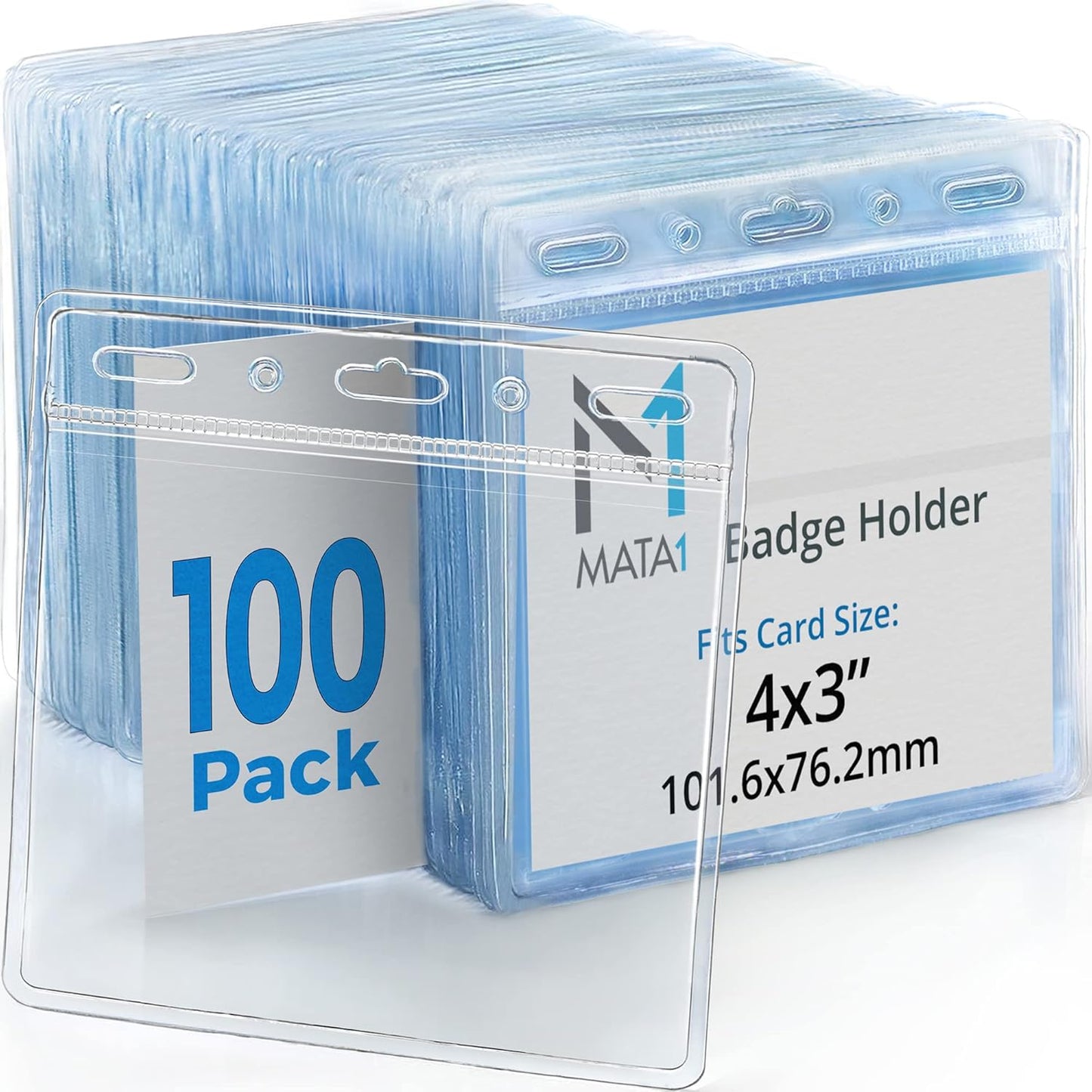 Mata1-USA Plastic Horizontal Card Protector (Clear, 4x3 Inch, 100 Pack), Large Size No Zipper ID Name Badge Holder