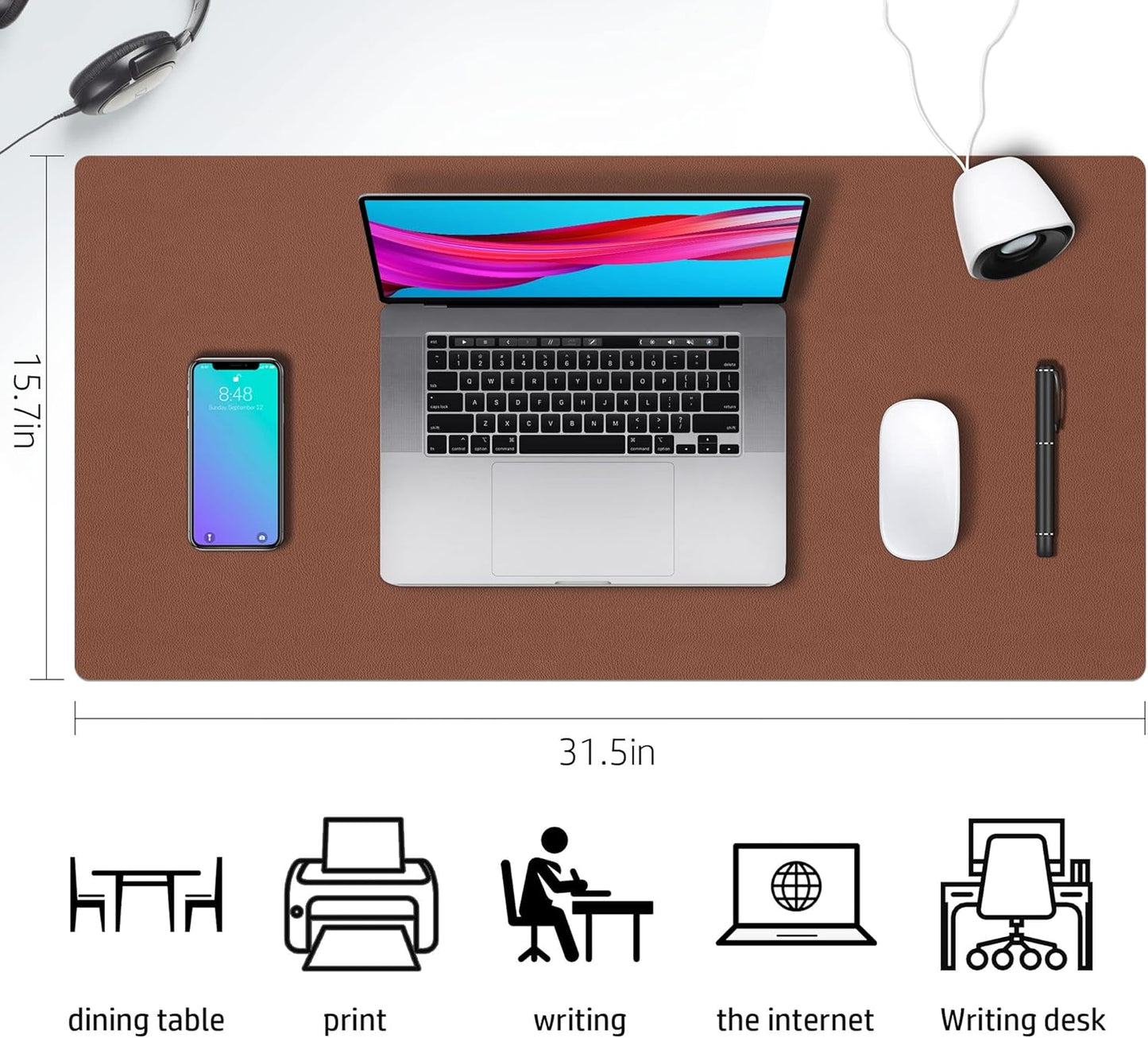 Desk Mat Large Protector Pad - Multifunctional Dual-Sided Office Desk Pad,Smooth Surface Soft Mouse Pad, Waterproof Desk Mat for Desktop, Pu Leather Desk Cover for Office/Home(Brown, 31.5" x 15.7")