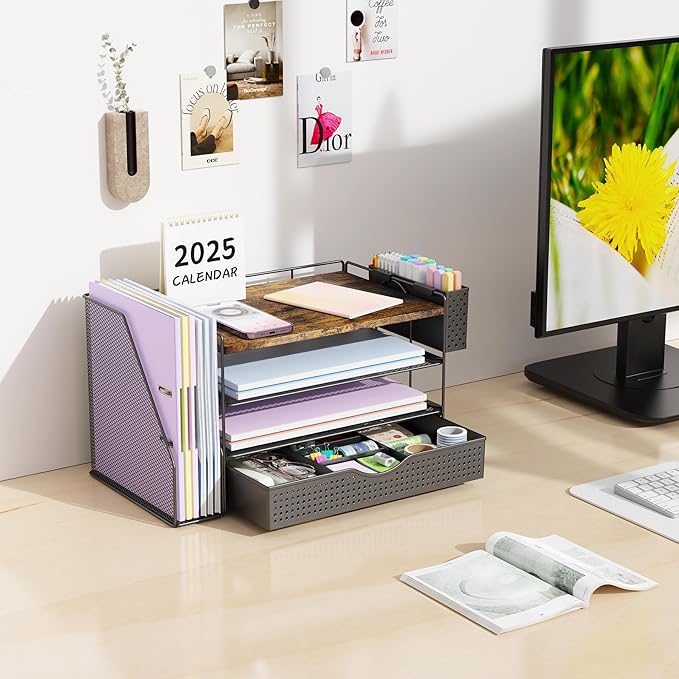 gianotter Wood Desk Organizers and Accessories with File Holder, 4-Tier Desk Accessories & Workspace Organizers with Drawer and Pen Holder, Paper Organizer for Office Supplies (Wood)