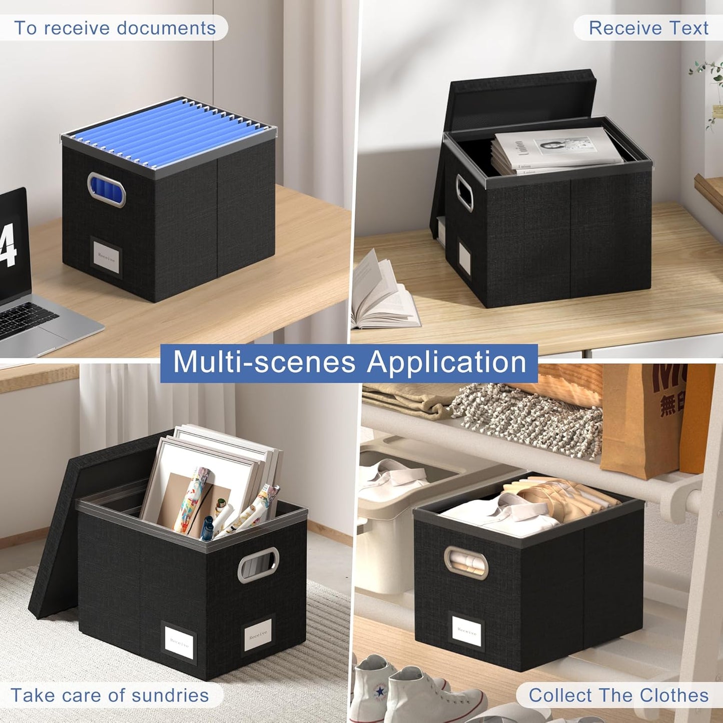 File Organizer Box - File Boxes for Hanging Files with Lid Set of 2 Decorative Hanging Folders Letter Size Organizer with One-Piece Plastic Frame Slides (Black, 13.2 * 10.1 * 10.1in(2Pack))