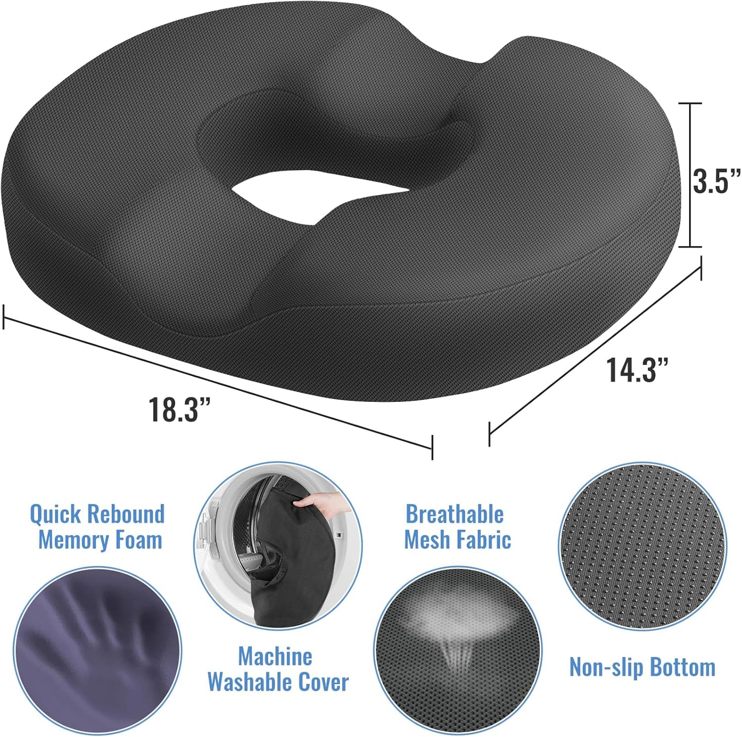 CloudBliss Donut Pillow Seat Cushion for Tailbone Pain Relief and Hemorrhoids, Memory Foam Seat Chair Cushion for Postpartum Pregnancy, Seat Cushions for Men and Women for Home & Office, (Grey-XL)