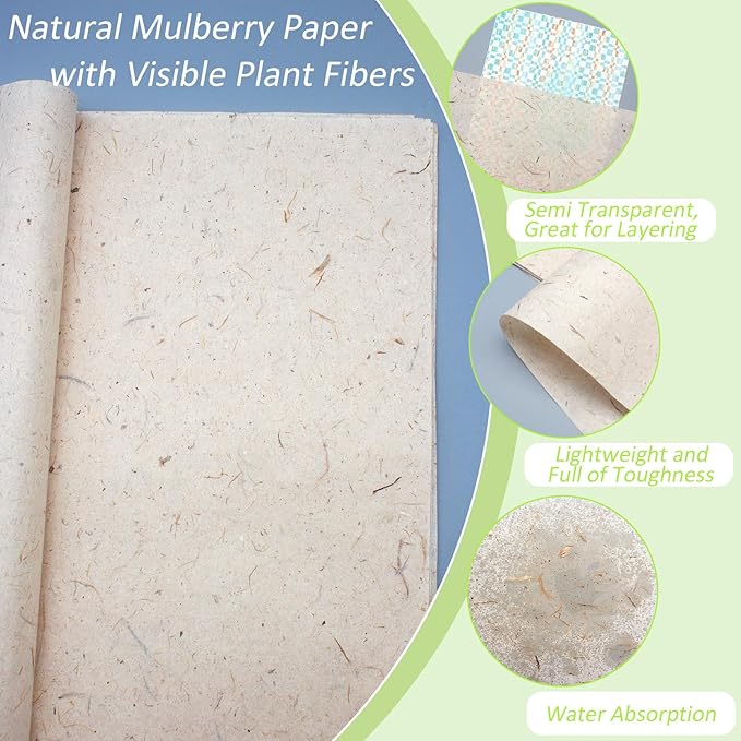 Benvo 50 Sheets A4 Natural Mulberry Paper Visible Leaves Fiber Rice Paper Printable Decoupage Tissue Paper Sheets for Writing, Painting, Card Making, DIY Crafts(8.3x11.7in, Semi Transparent Jute)