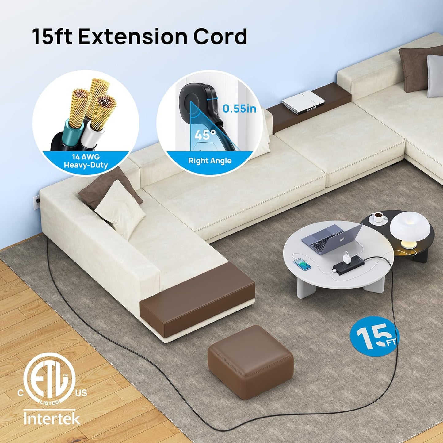 TROND Power Strip Surge Protector, Flat Plug 15ft Long Extension Cord, 10 Widely Spaced AC Outlets, 2 USB A & 2 USB C Ports, 4000J, ETL Listed, Wall Mountable, for Home Office Entertainment, Black