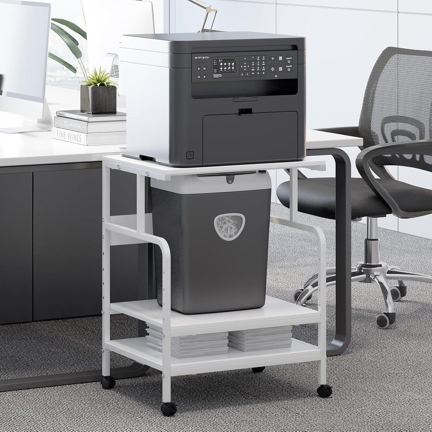 Large Printer Stand with Storage Shelf, 23.6" W x 18.9" D Printer Cart with Wheels, 3 Tier Mobile Printer Table for Home Office,Stands for Heat Press Scanner Fax (White)