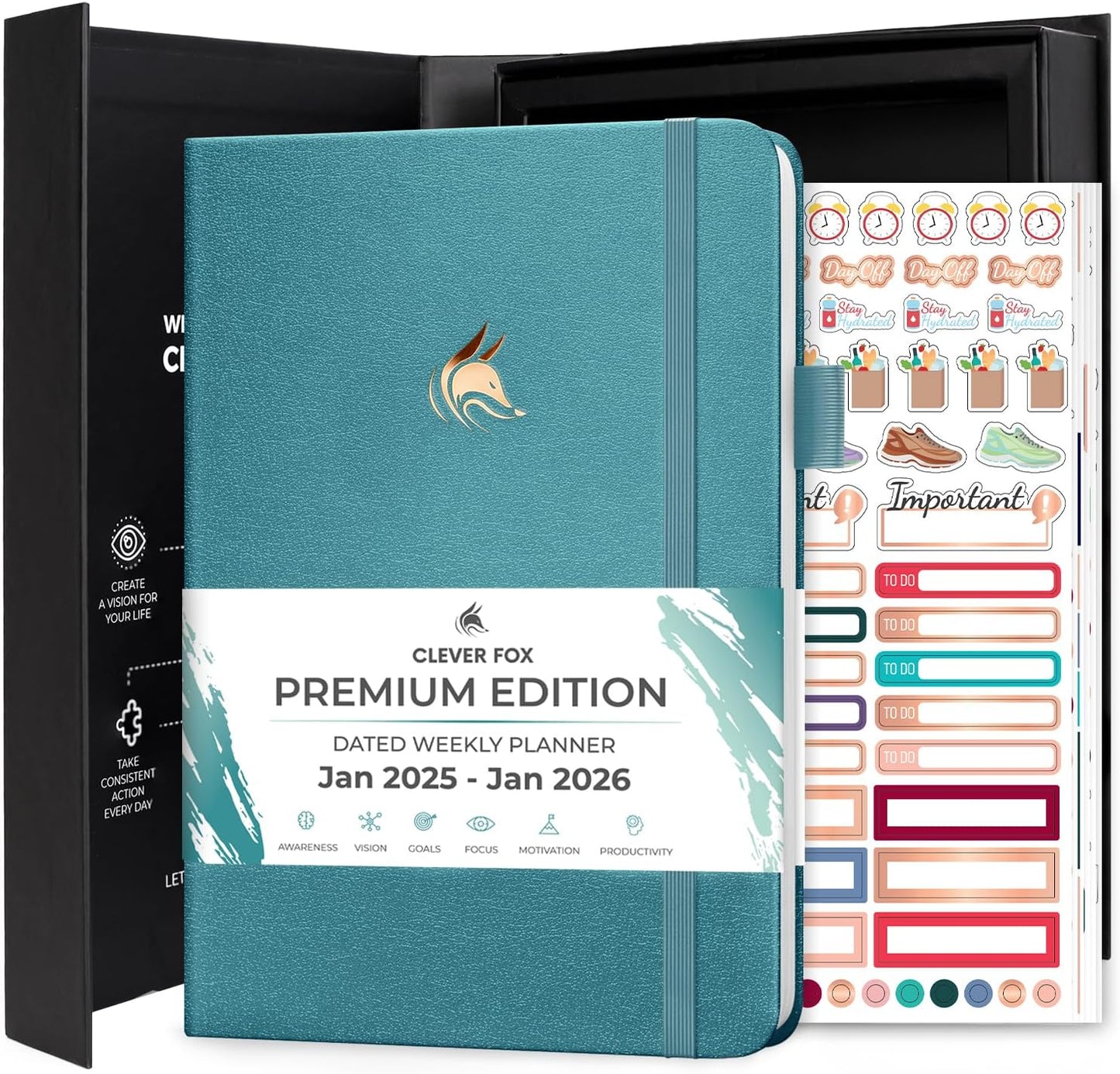 Clever Fox Dated Planner Premium 2025 – Weekly Agenda for Planning & Time Management –Notebook with Habit Tracker & To-do List (Aquamarine)
