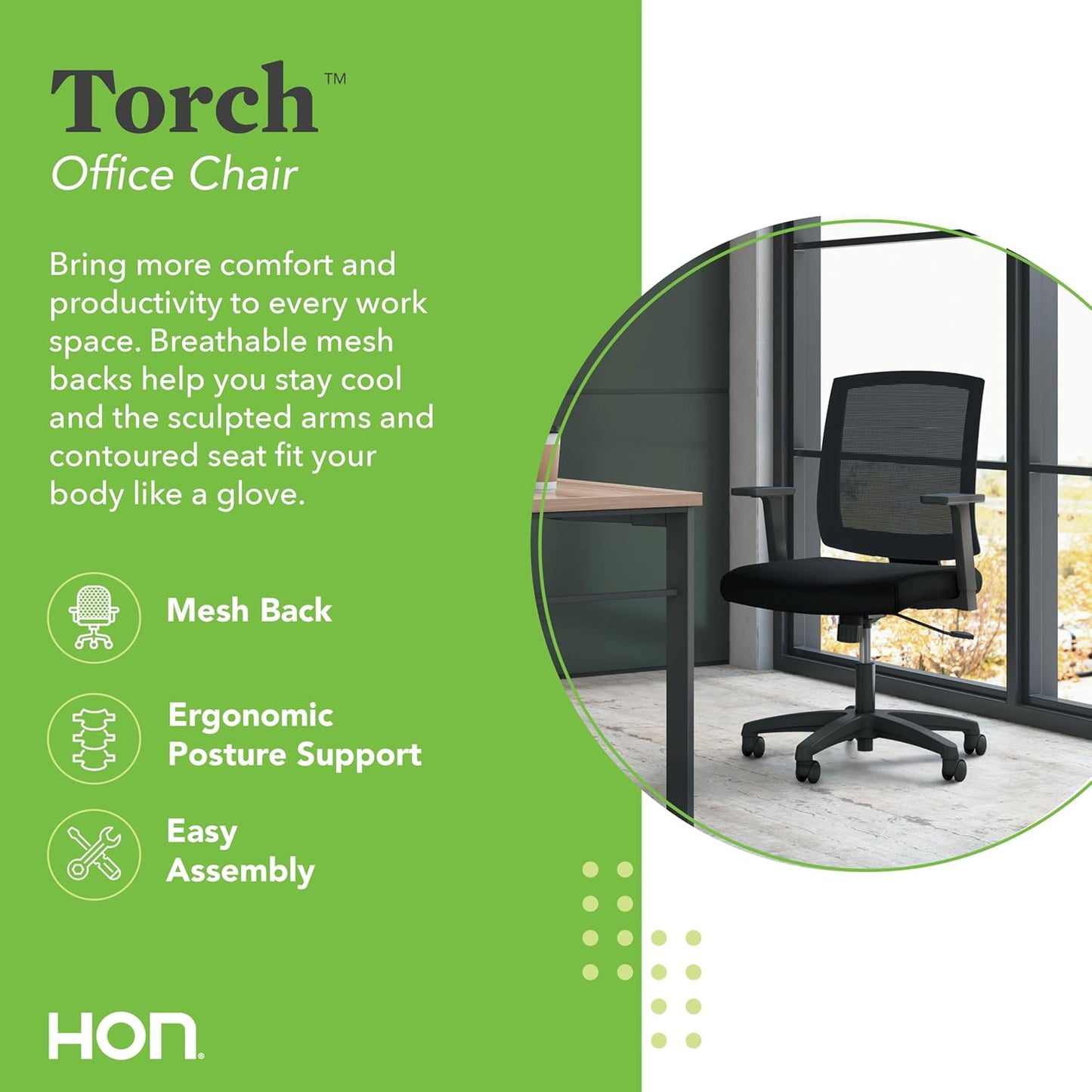 HON Torch Ergonomic Mid-Back Office Chair, Comfortable Fabric Seat Home Office Task Chair, Tilt-Tension Recline Control, 360 Rolling Swivel, Sculpted Fixed Arms