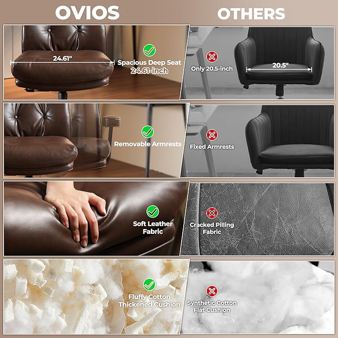 ovios Ergonomic Home Office Chair, Mid-Century Modern Faux Leather Chairs with Thickened Cushions, Comfy High Back Swivel Rolling Executive Computer Armchair (Dark Brown, PU Leather)