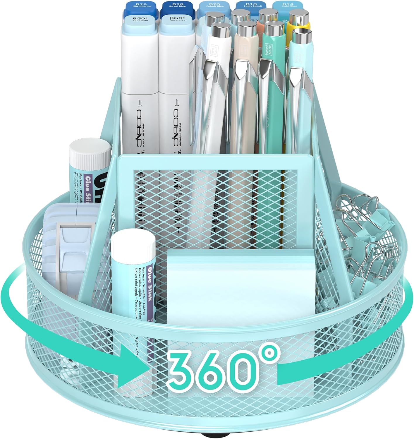 YINGHUA Metal Mesh Desk Organizer with 5 Compartments and Rotating Pencil Holder Pen and Stationery Organizer for Office Home School Anti Slip Base Blue