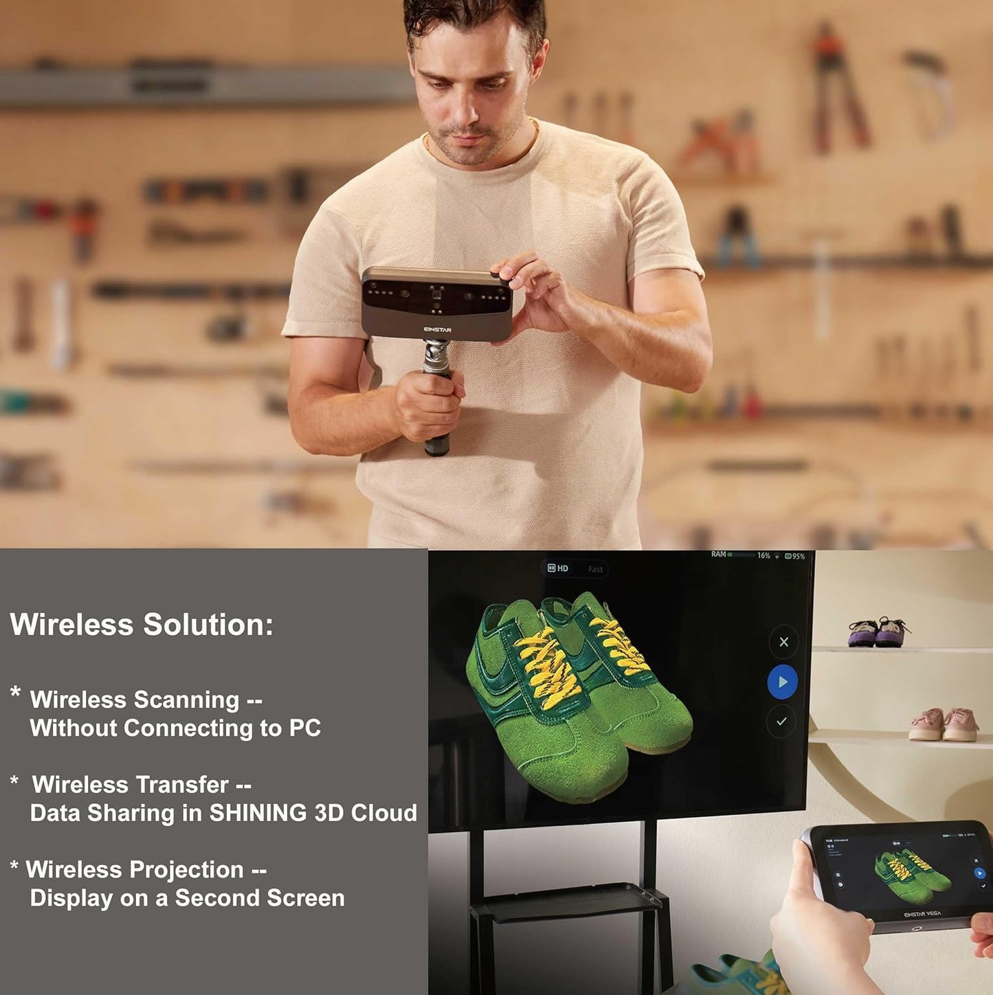 Einstar Vega 3D Scanner with Marker Helpers, Tripod, Wireless All-in-One Design, VCSEL/MEMS Projector Technology, Smooth 3D Scanning Small to Large Object, Powerful 8-core 2.4 GHZ CPU, 48MP RGB Camera