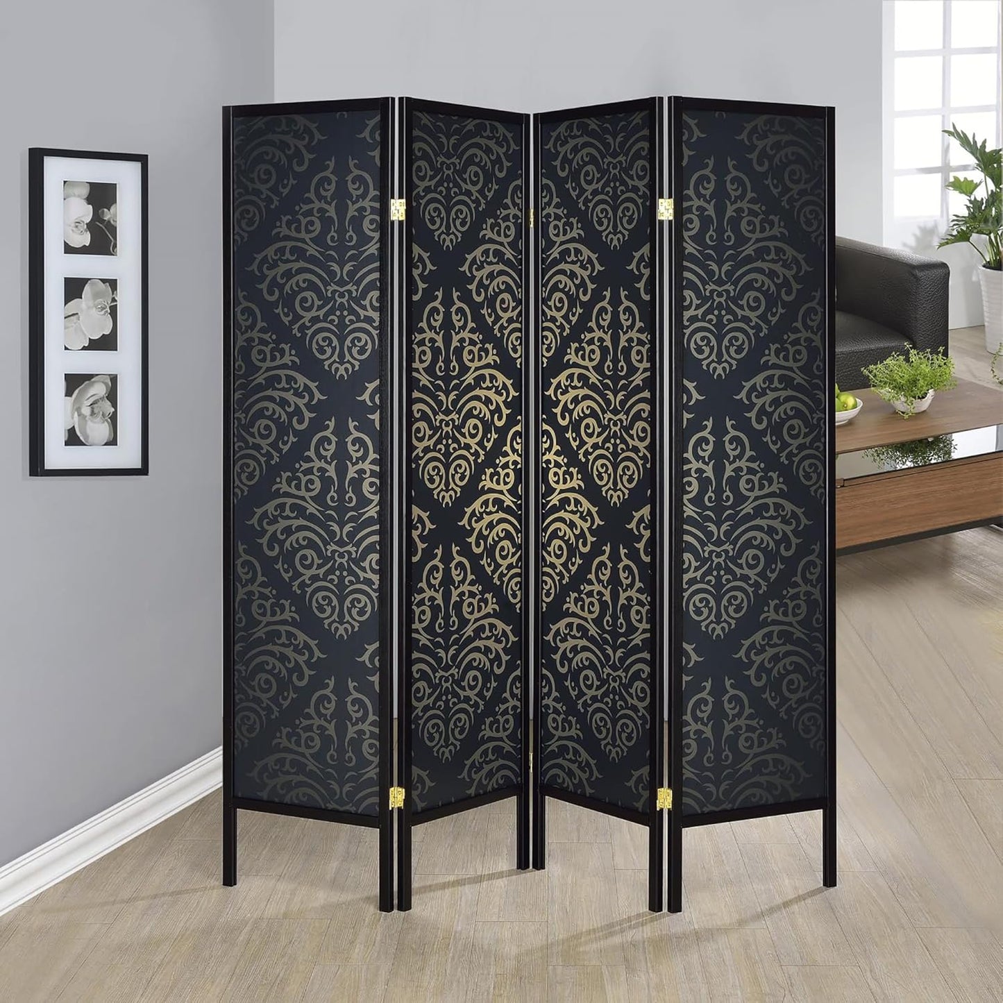 NicBex Room Divider 4 Panel Room Dividers with Damask Print Partition Room Dividers and Folding Privacy Screens Wall Divider for Home, Office, Room Separation,69.5" W x 0.75" D x 70.25" H, Black