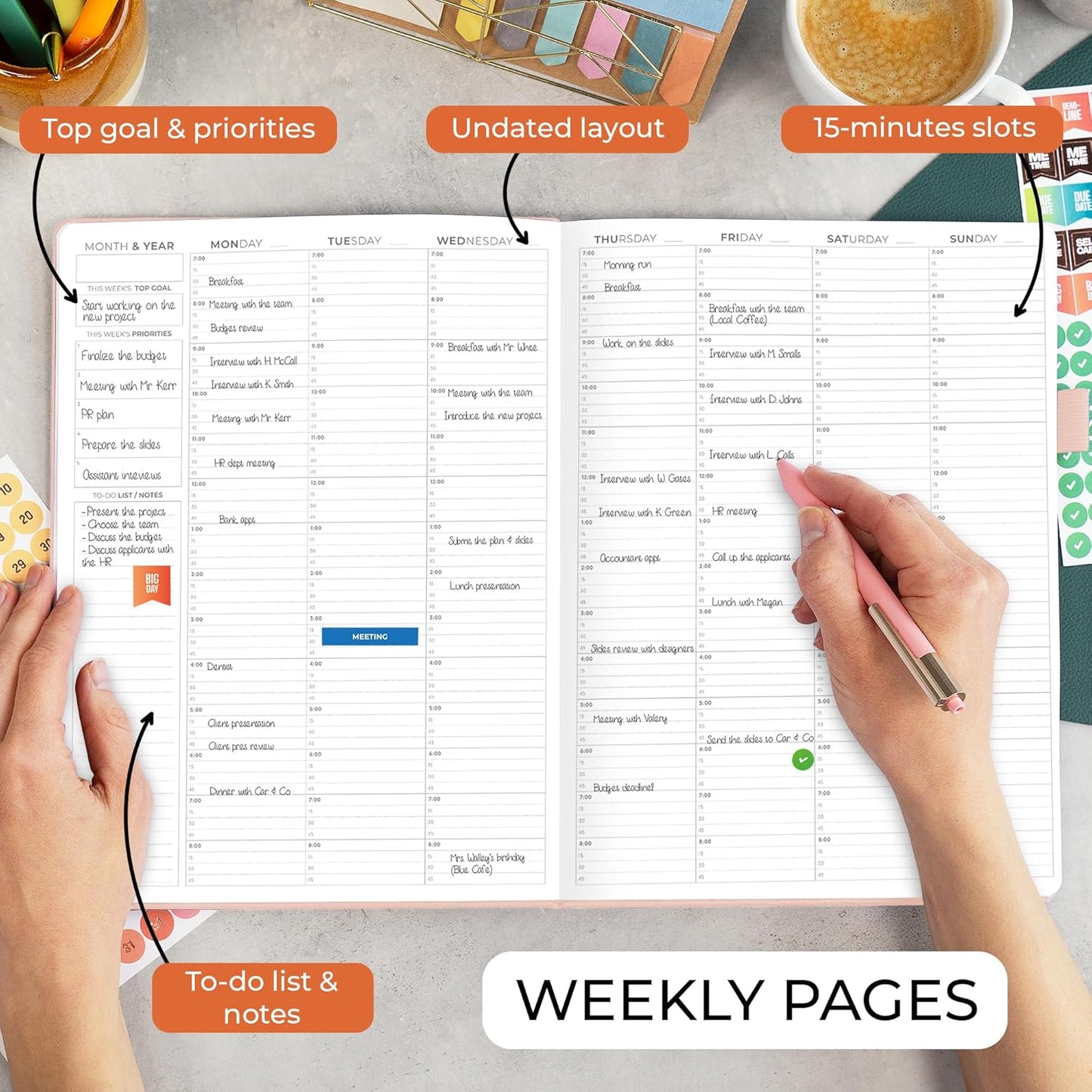 Clever Fox Appointment Book – Hourly Schedule Planner with 15-Minute Increments – Time Box Planner for Daily Work & To-Dos – Weekly & Monthly Spreads, Undated, Hardcover, 8.3x11″ (Rose Gold)