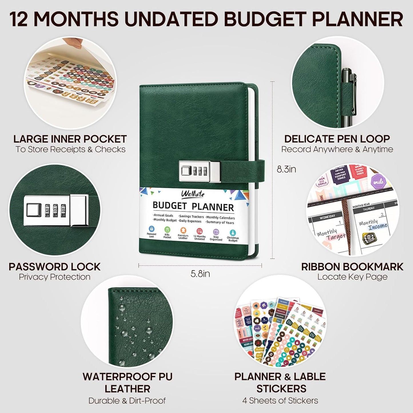 WEMATE Budget Planner 2025 with Lock, Monthly Budget Book with Expense Tracker Notebook, Undated Financial Planner to Manage Your Money, A5 Leather Account & Budget Book, Dark Green