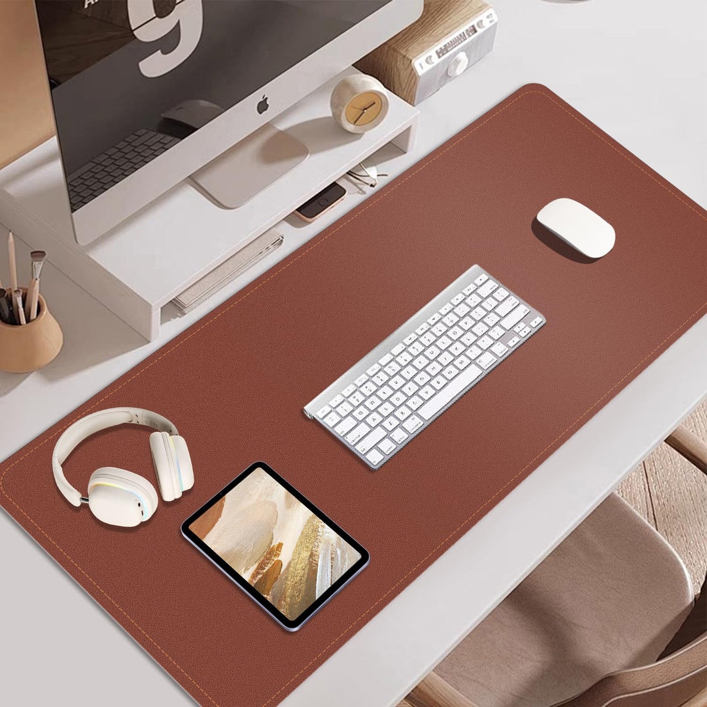 BLESWIN Large Desk Pad Mat 47.2"" x 17"", Office Desk Mat, Non-Slip PU Leather & Cork Desk Blotter for Keyboard and Mouse, Large Desk Mat, Large Mouse Pad for Office & Home(Brown)
