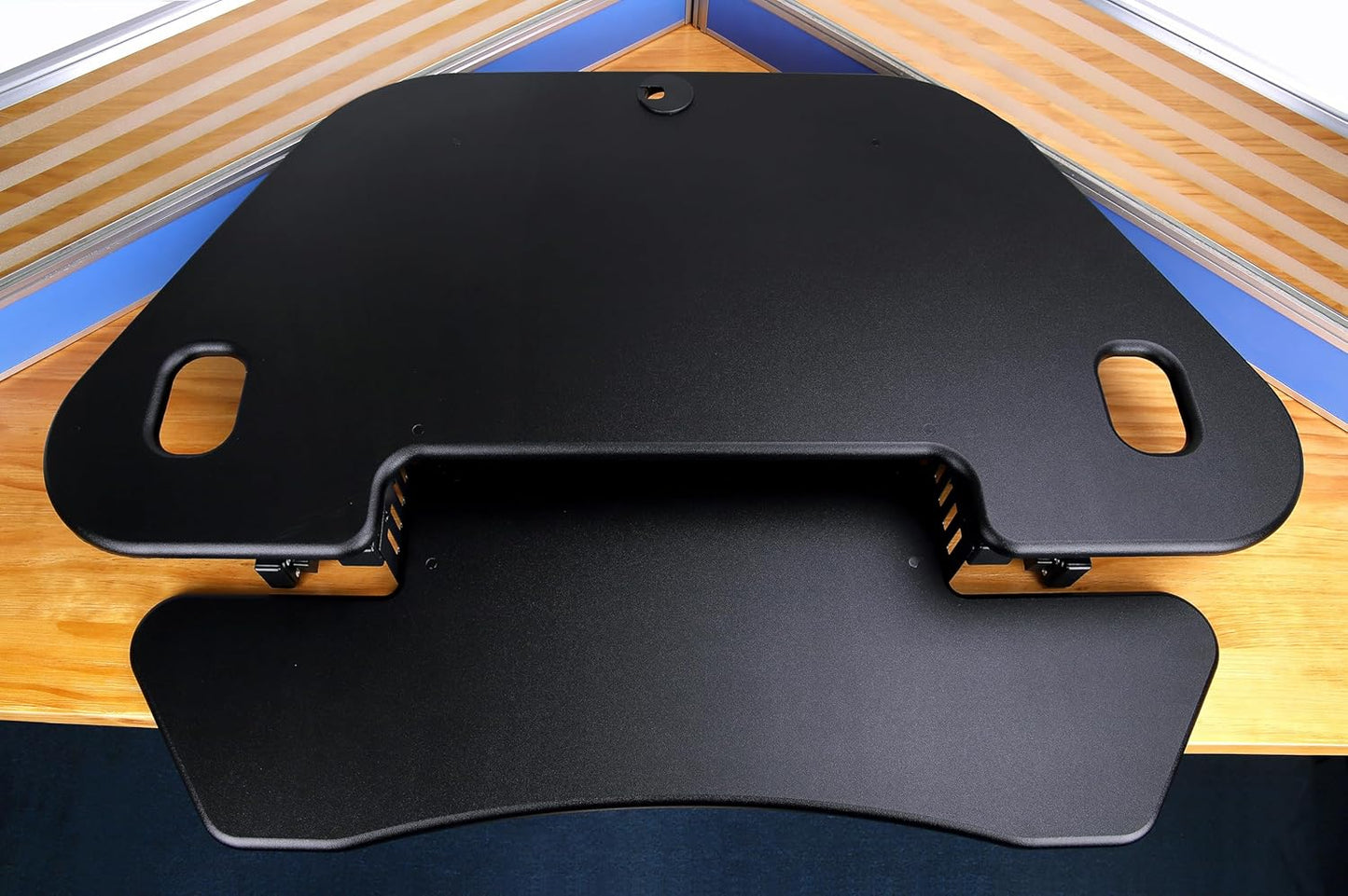 Rocelco 46" Height Adjustable Corner Standing Desk Converter with AC Outlet USB Charger and Dual Monitor Arm Mount - Stand Up Tabletop Riser Workstation - Keyboard Tray - Black (R CADRB-46-ACUSB-DM2)