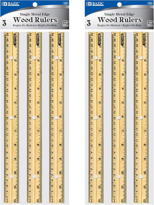 BAZIC Wooden Ruler 12" (30cm), Singel Metal Edge, Inches Centimeter Metric Measuring Drafting Rulers, for Students School Supplies (3/Pack), 2-Packs