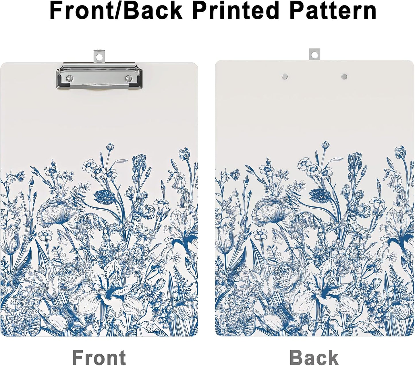 Clipboard Design Decorative Wood A4 Letter Size Clip Boards for Classroom Office, Standard Size 9" x 12.5" with Low Profile Metal Clip - Blue Flower