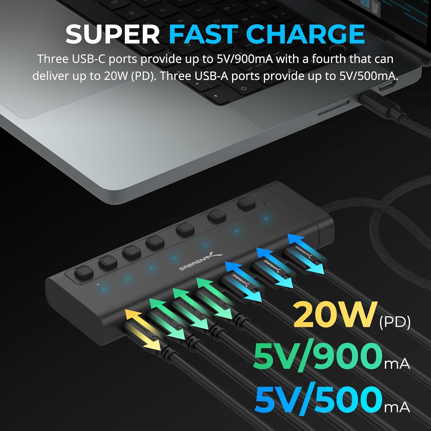 SABRENT 7-Port USB-C Hub with Power Switches, 5Gbps USB 3.2, 48W Powered Hub with 3 USB-A + 4 USB-C Ports, 20W PD, LED Status, Aluminum Body – for Mac, PC, Steam Deck, ROG Ally (HB-3A4C)