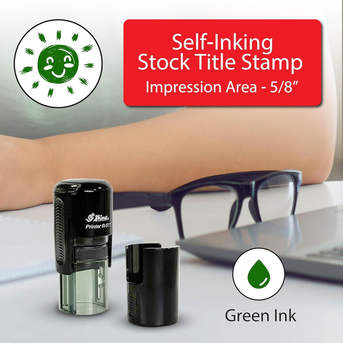 Shiny Sun Teacher Stamp, Round Self Inking Stamp for Classroom, Green Ink