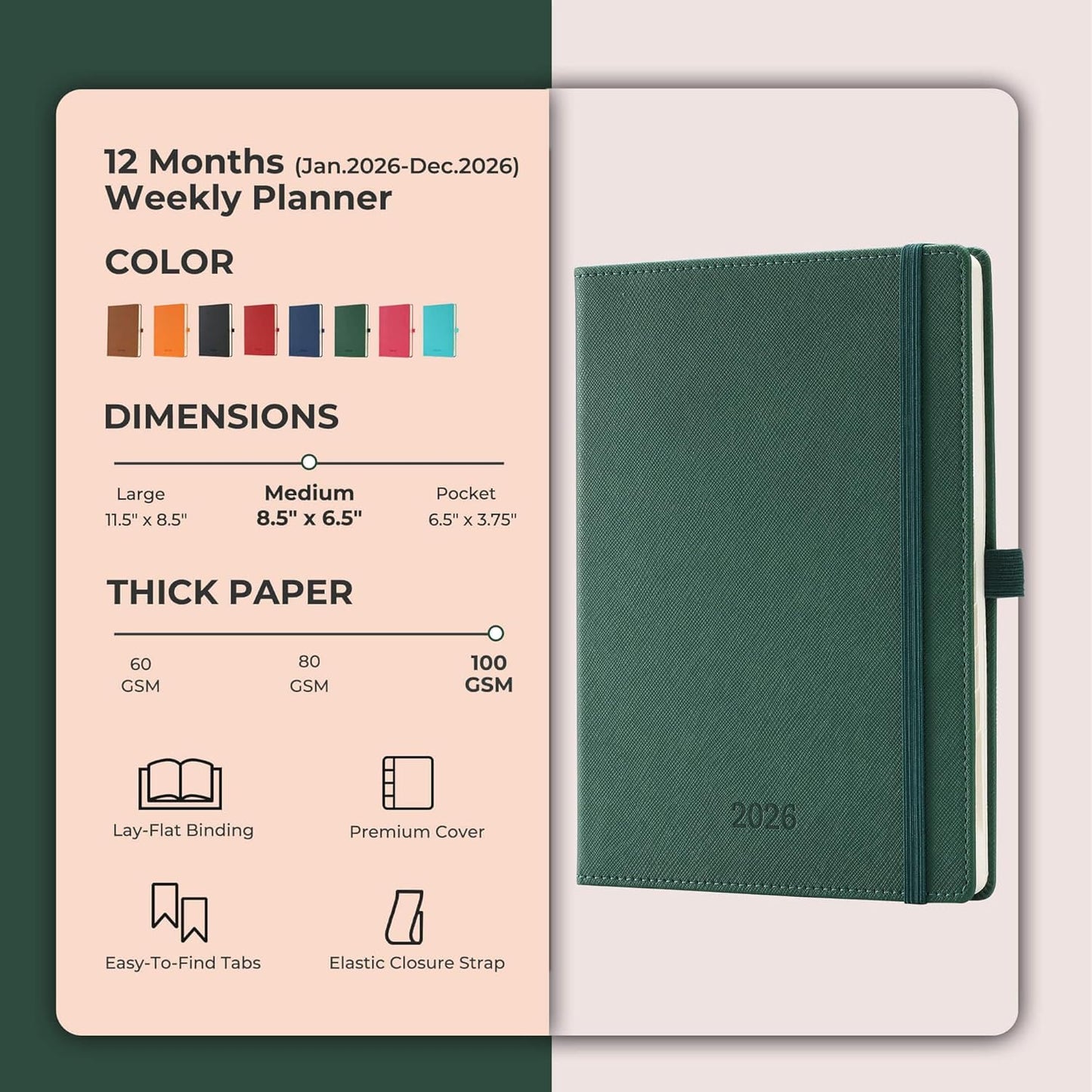 Weekly Monthly 2026 Planner (Jan.26-Dec.26),8.5"x6.5",12 Months Agenda Plan with Month Tabs & Pocket,Expenses/Note Pages, Appointment Book Calendar with Hardcover Vegan Leather Cover,Green