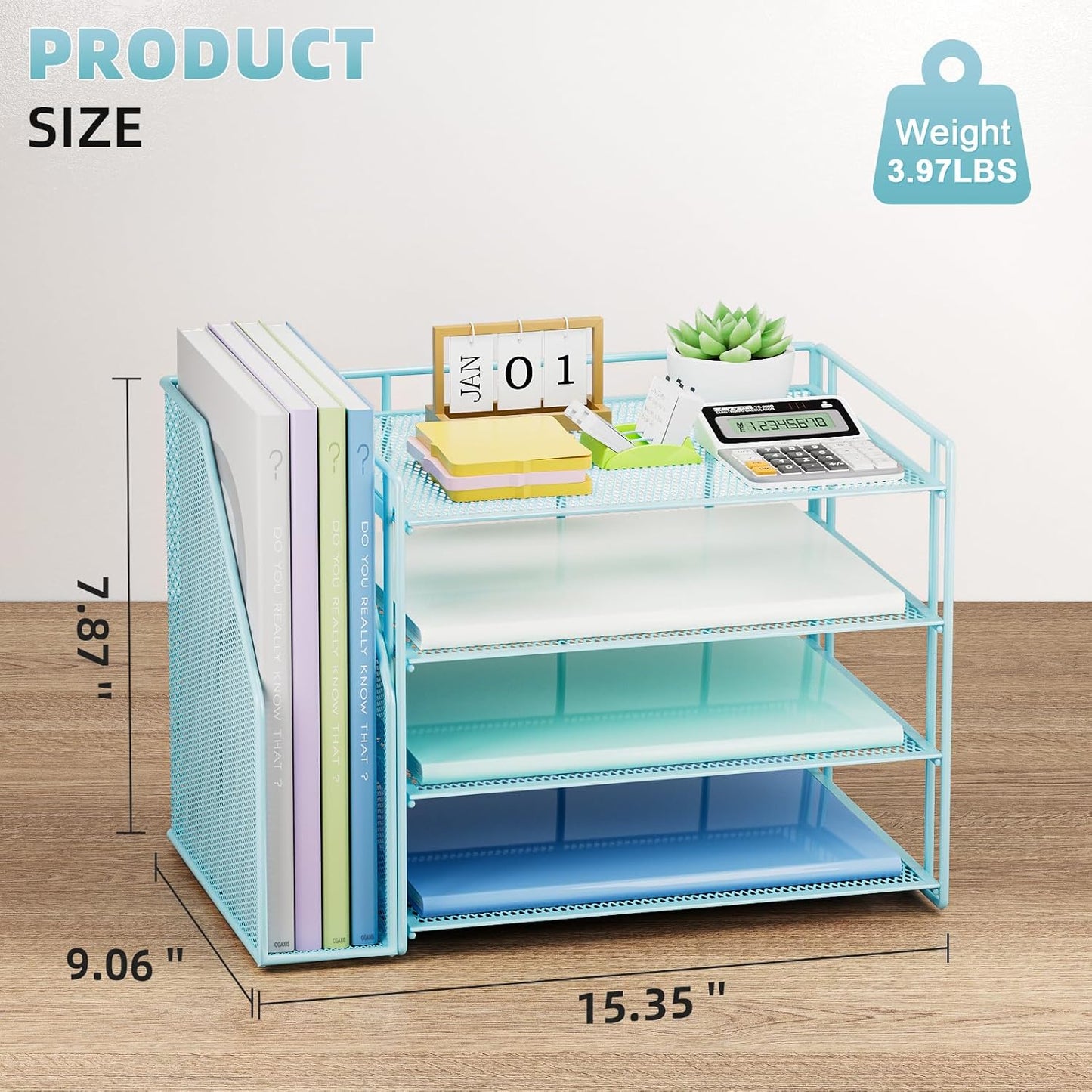 Marbrasse Desk Organizer and Accessories，4-Tier Paper Letter Tray Organizer with File Holder，Desk Accessories & Workspace Desktop Organizers for School Home Office Supplies (Blue)