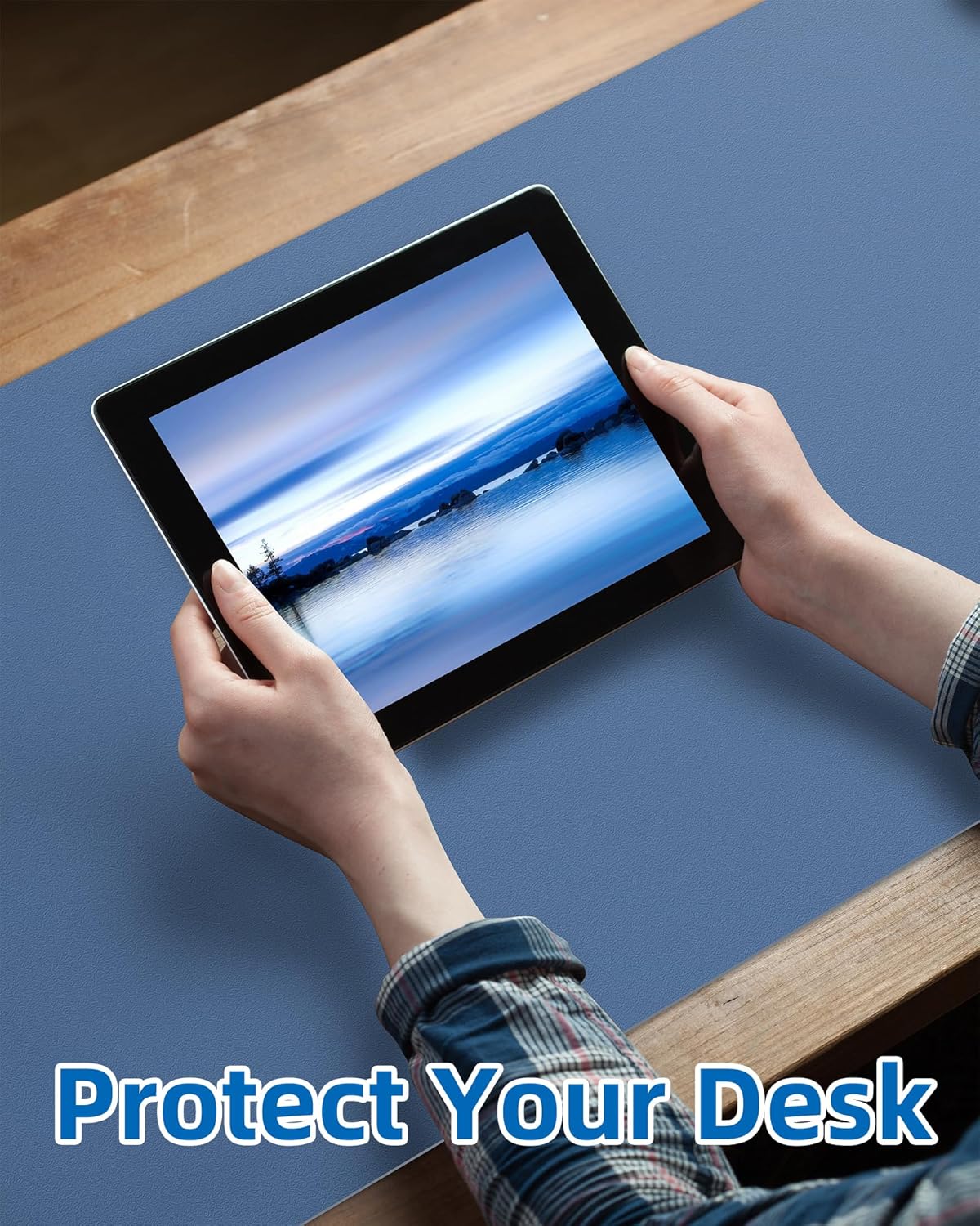 Leather Desk Pad Blotter,Mouse Pad,Office Desk Mat, Non-Slip PU Leather Desk mat,Large Desk mat,Waterproof Keyboard mat for Office/Home/Decor (Grey Blue,23.6" x 13")