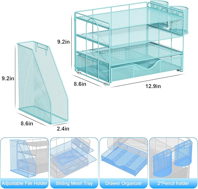 gianotter Desk Organizers and Accessories with File Holder, 4-Tier Desk Accessories & Workspace Organizers with Drawer and 2 Pen Holder, Paper Organizer for Office Supplies (Blue)
