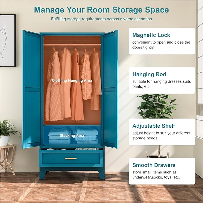 Farmhouse Wardrobe Cabinet with 2 Drawers,Metal Wardrobe Closet with Hanging Rod,Metal Armoire with Adjustable Shelves for Bedroom,Living Room, Cloak Room,Office (Blue)