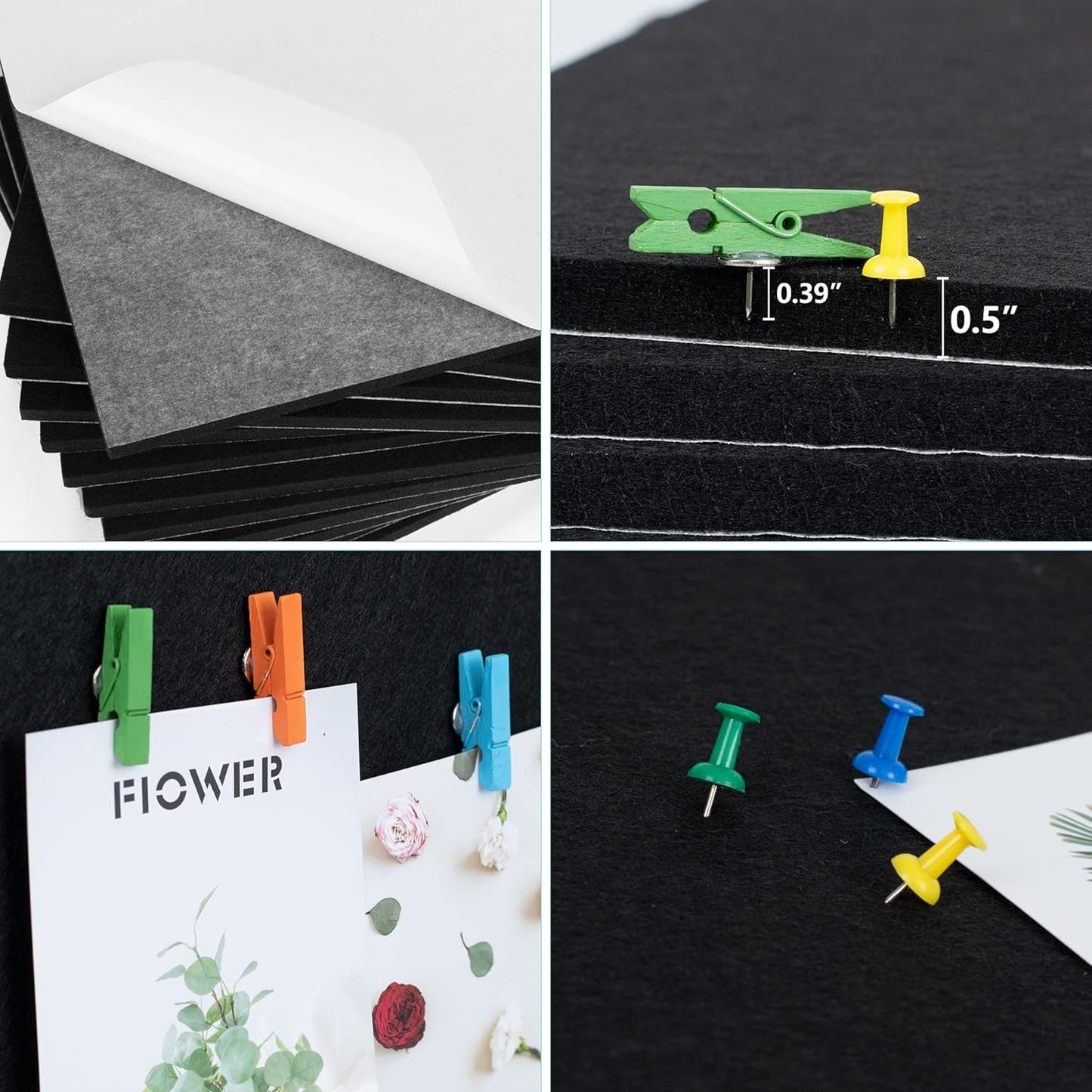 AKTOP Black Cork Bulletin Board 12x12, 1/2" Thick Felt Cork Board Tiles 12 Pack, Small Square Pin Board for Wall, Self Adhesive Corkboards with 120 Push Pin Wood Clips for School, Home & Office