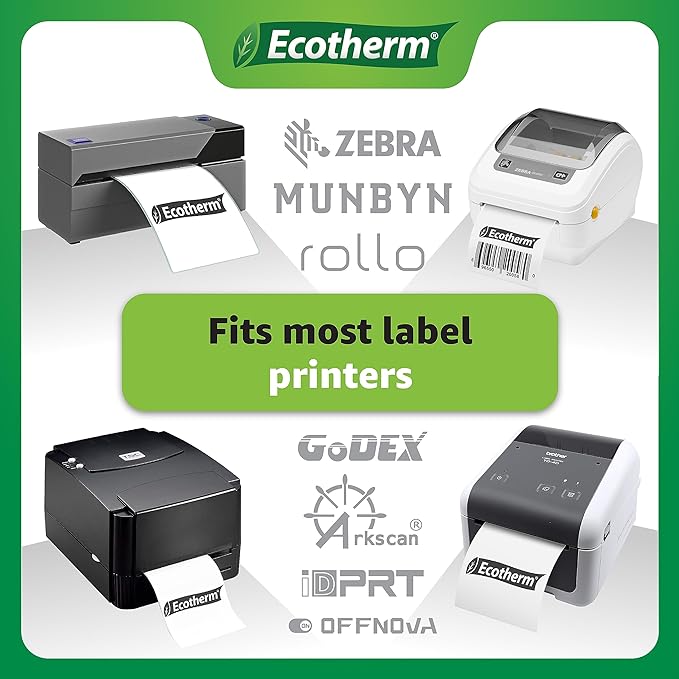 4" x 3" Thermal Labels | 4 Rolls | 2100 Labels | fits Zebra, Munbyn, Rollo, Godex, Arkscan, iDPRT, Offnova Thermal Label Printers and More | Blank White Adhesive Stickers by Ecotherm