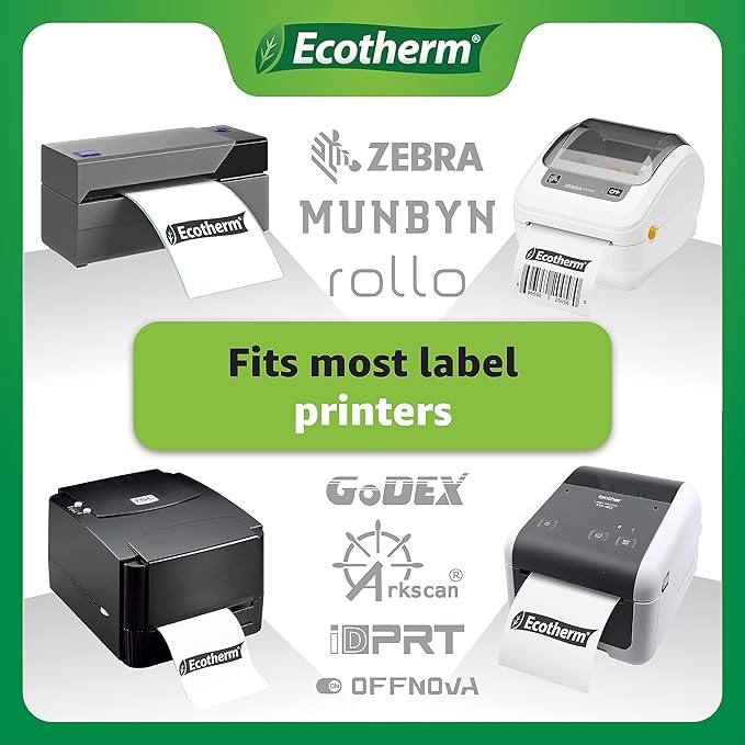 3" x 3" Thermal Labels | 4 Rolls | 2100 Labels | fits Zebra, Munbyn, Rollo, Godex, Arkscan, iDPRT, Offnova Thermal Label Printers and More | Blank White Adhesive Stickers by Ecotherm