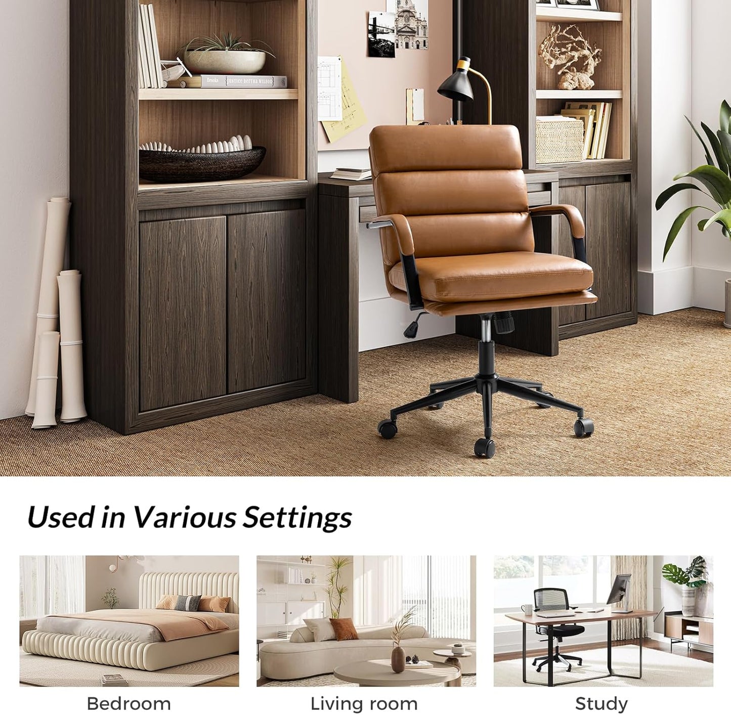 HULALA HOME Modern Faux Leather Home Office Chair with Tilt Lock & Metal Base, Desk Chair with Wheels & Padded Cushion, 360° Swivel Wide Seat Computer Task Chair, Camel