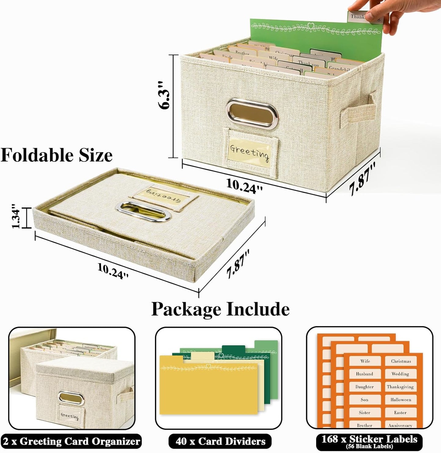 Vienrose Greeting Card Organizer 2 Pack, Storage Box with 20 Adjustable Dividers, Foldable Organizer Box Holds over 150 Cards, Storage Stickers Recipes Photos Envelopes Bills Vinyl Records, Beige