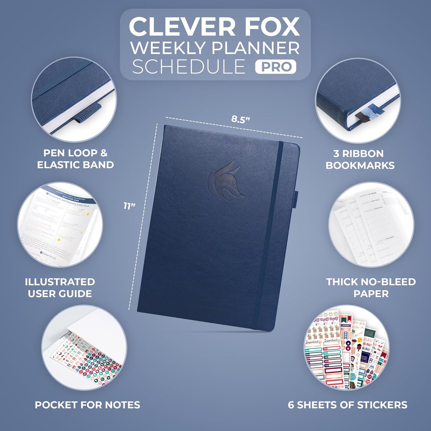 Clever Fox Planner PRO Schedule – Undated Weekly & Monthly Life Planner with Time Slots, Appointment Book & Daily Organizer, A4 (Dark Blue)