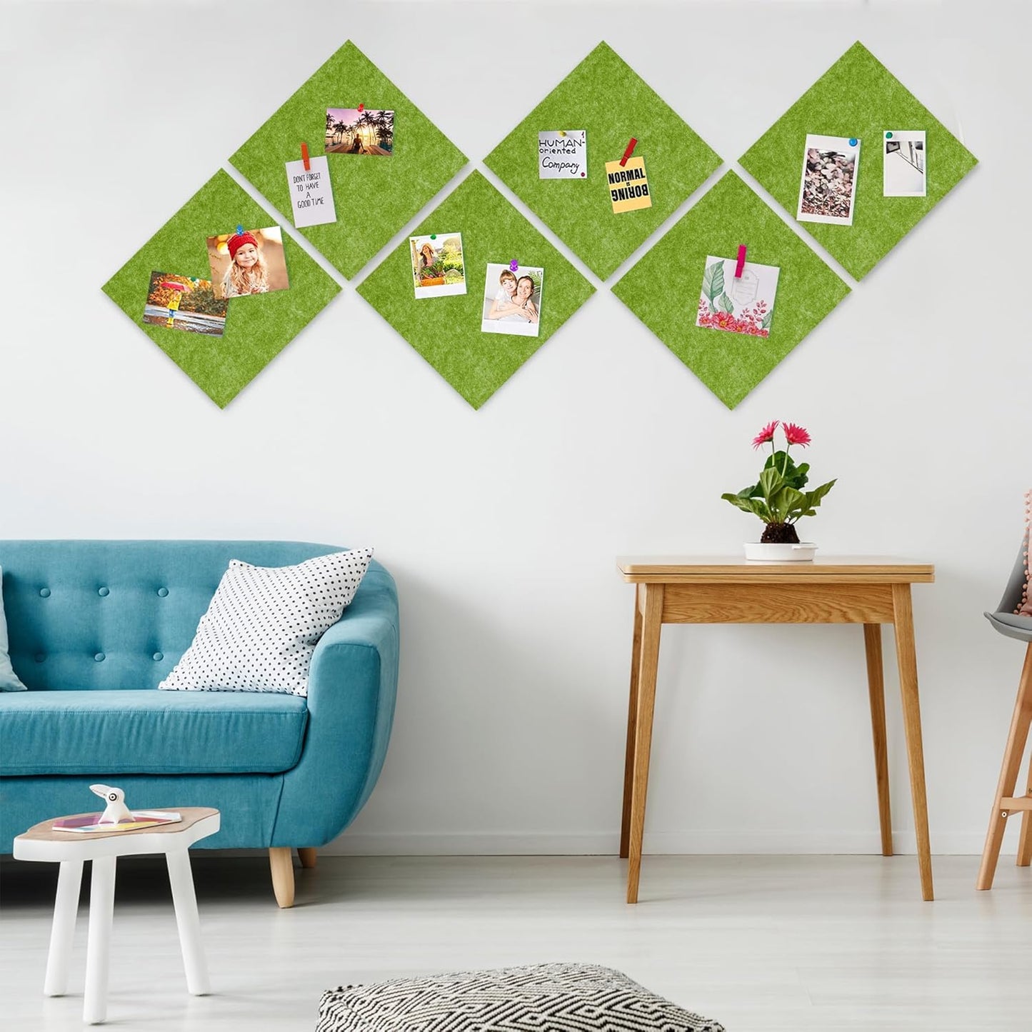 AKTOP Cork Bulletin Board 12x12, 1/2" Thick Felt Cork Board Tiles 12 Pack, Small Square Pin Board for Wall, Self Adhesive Corkboards with 120 Push Pin Wood Clips for School, Home & Office, Green