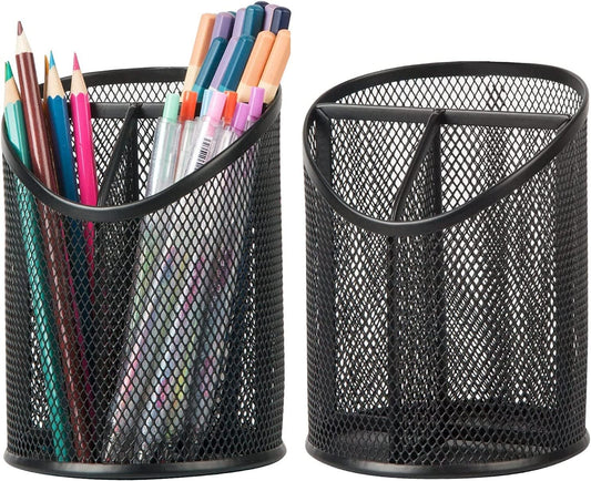 2 Pack Pen Holder Mesh Round Pencil Holder Desktop Organizer 3 Compartments, Black