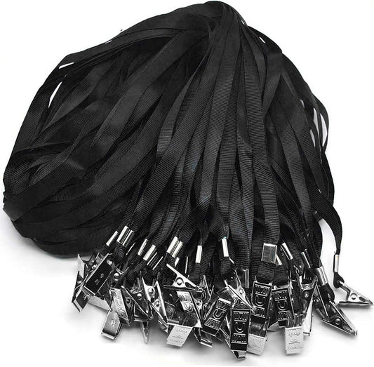 Beebel Black Lanyards 100 Pack Nylon Flat Badge Lanyard Bulldog Clip for Id Badge Name Tags