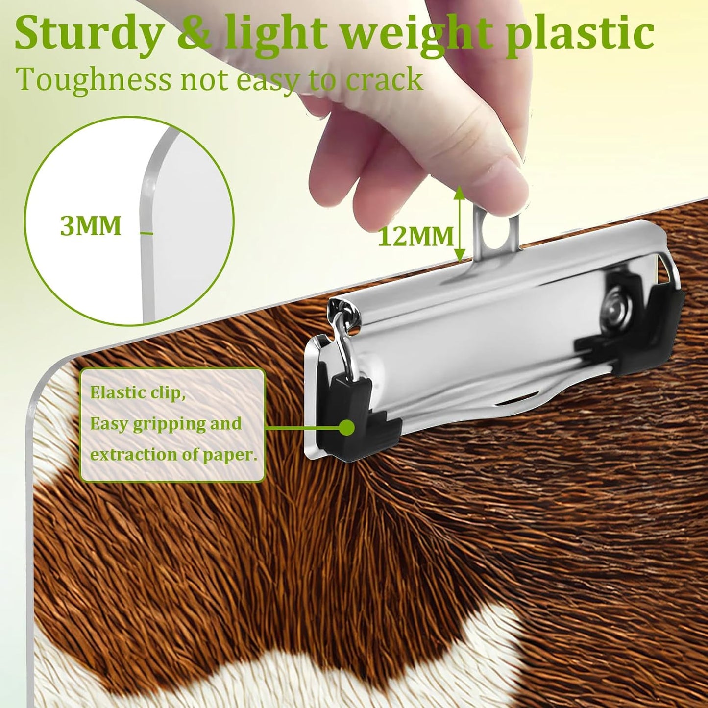 Cowhide Clipboard,Decorative Acrylic Clipboard with Low Profile Metal Clip for Office,School,Teachers,Students Standard Letter Size 9x12.5