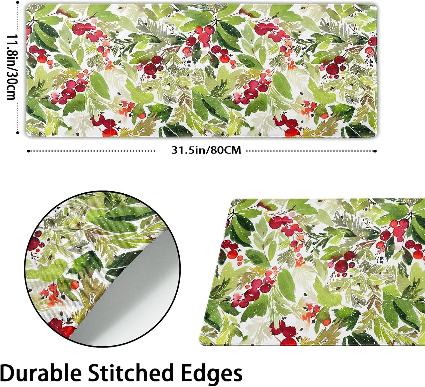 Watercolor Holly Christmas Gaming Mouse Pad XL Green Leaves Red Berry Xmas Extended Large Mat Mousepad Desk Pad Rubber Base Stitched Edge Winter Holiday Long Keyboard Pad for Computer,31.5×11.8 Inch