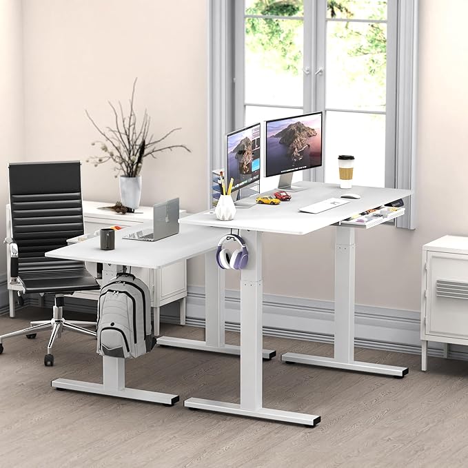 SHW 48-Inch Electric Height Adjustable Standing Desk with Drawer, Memory Preset and Cable Management Tray, White