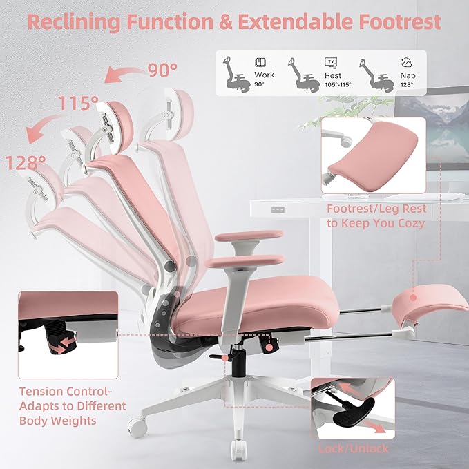 Foldable Office Chair with Foot Rest, Ergonomic Office Chair with Adjustable Lumbar Support, Headrest, Armrest, Home Office Desk Chair for Space Saving, Work from Home, Pink