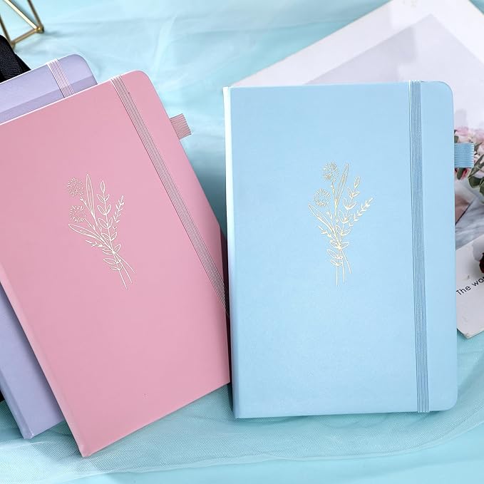 MINICAGIE 3 Pack Lined Journal Notebook for Women Cute Leather Journals for Writing Aesthetic Floral Diary 192 Pages A5 Hardcover Journaling Notebooks with Pen Loop, Blue, Pink, Purple