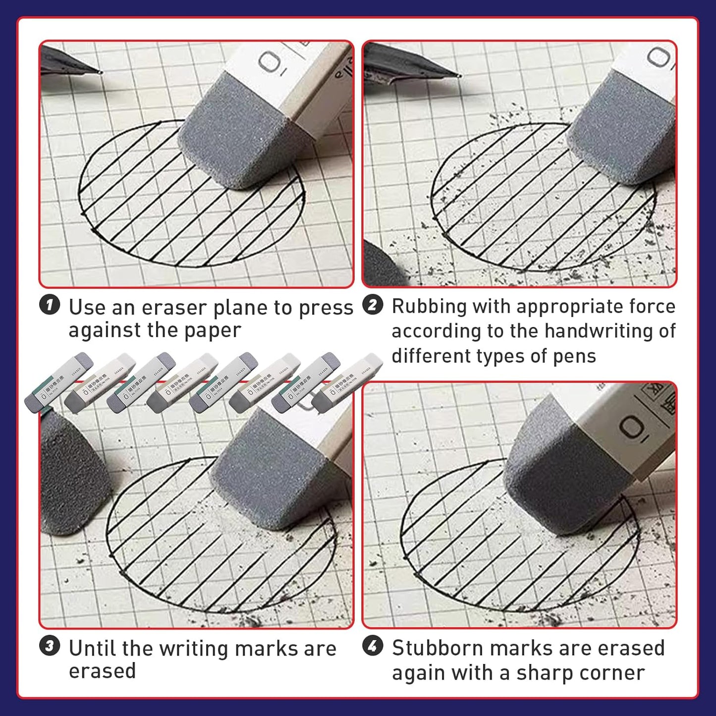 Premium Sand Erasers - Set of 8 Frosted Erasers for Pens, Fountain Pens, and Ink - Special School and Office Supplies for Correction - Colored Pencil and Ink Eraser