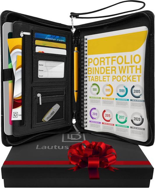 Zippered Leather Portfolio Binder with Junior Legal 5x8 Notepad - Black PU Leather Business Padfolio Organizer Folder with 8 Inch Tablet Sleeve & Gift Box by Lautus Designs