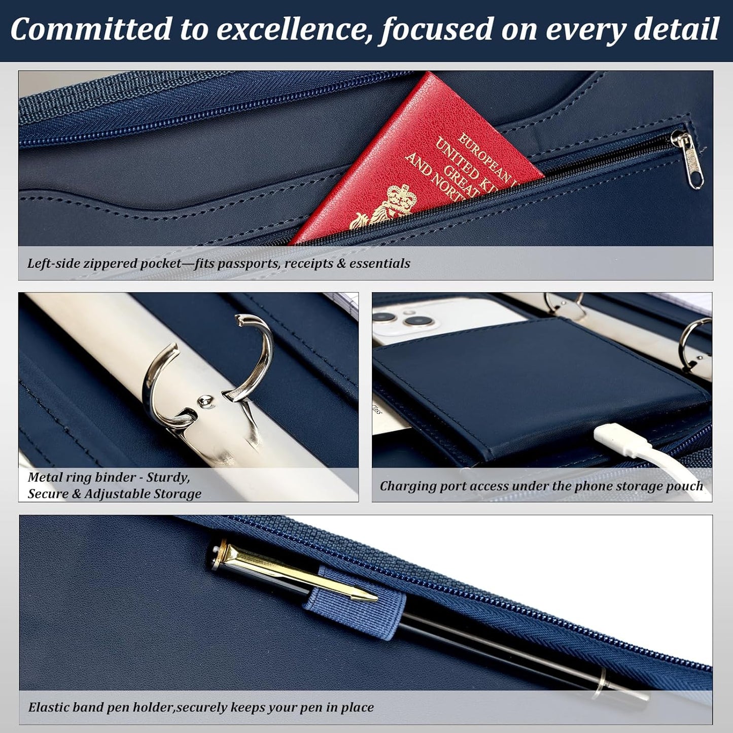 Leathario Portfolio Binder, Includes 5 Folder Index Dividers and 3 Notepads, 3-Ring Folder Organizer, Padfolio with Zipper, Vegan Leather Tablet Sleeve, Business Office Conference Clipboards