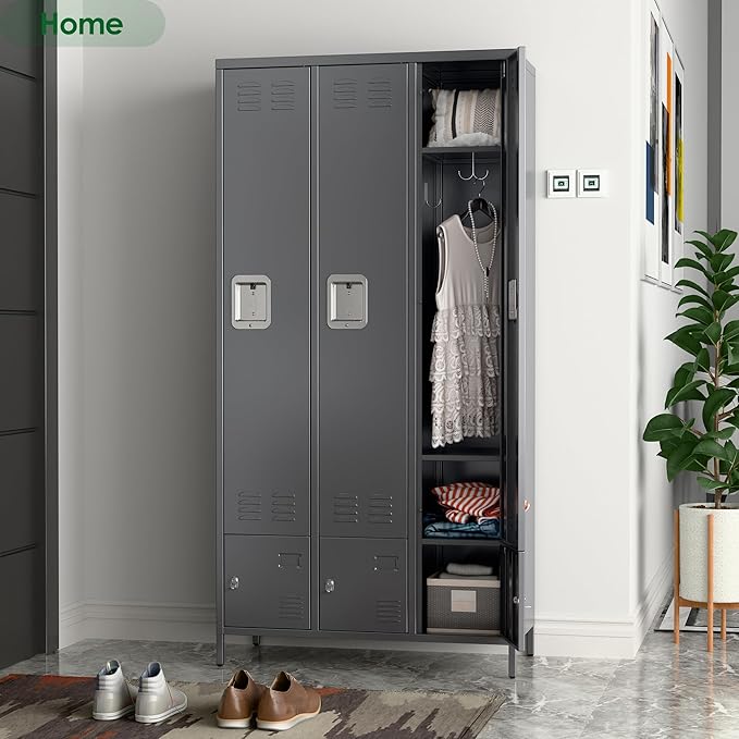 Metal Storage Locker with 3 Big Doors & 3 Small Doors, Lockers for Employees with Hooks for School Garage Office Gym Bedroom,Assembly Required,Dark Grey