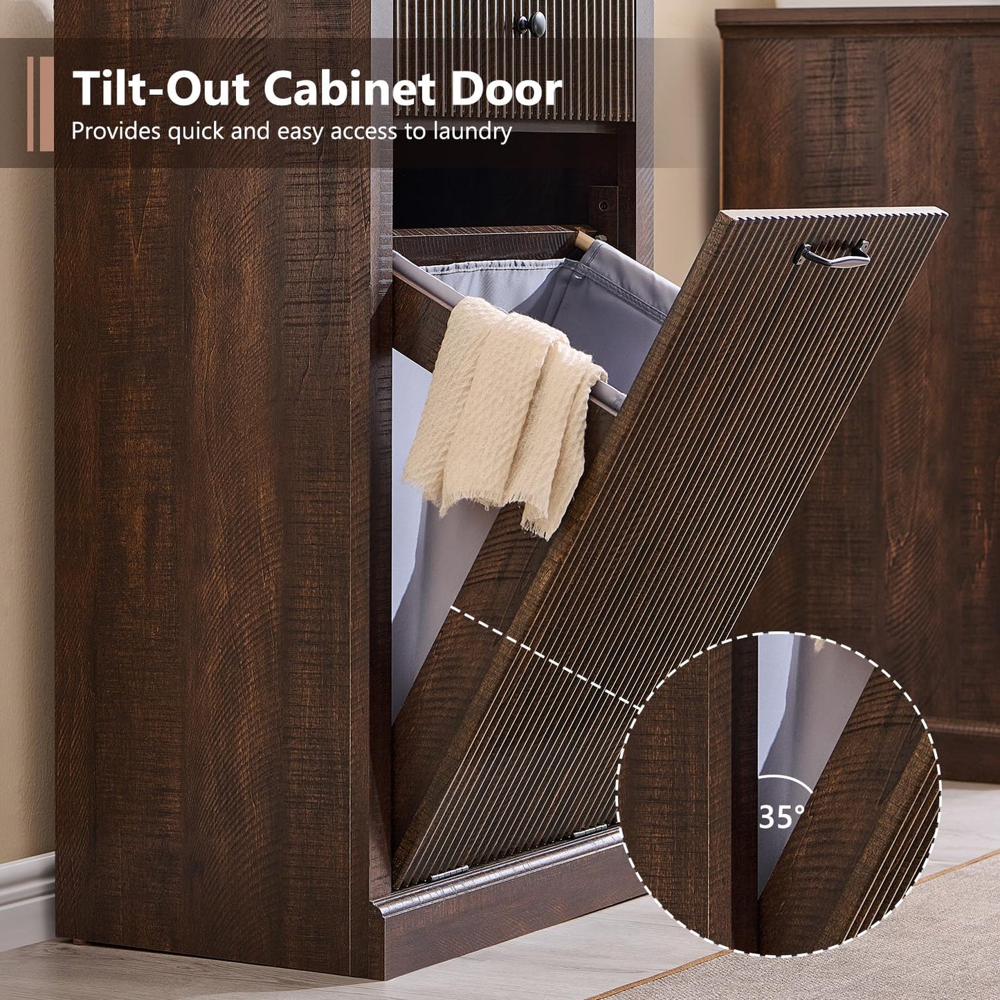 Modern Tilt-Out Trash Can Cabinet, 10 Gallon Fluted Laundry Hamper Cabinet with Drawers, Wooden Hidden Garbage Can Cabinets with Storage Basket, Free Standing for Kitchen and Living Room,Brown