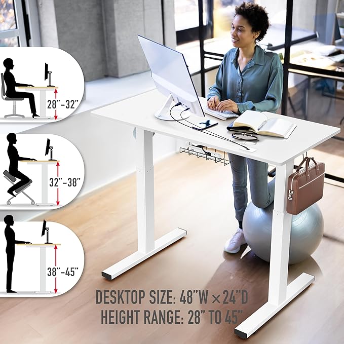 SHW 48-Inch Electric Height Adjustable Standing Desk with Drawer, Memory Preset and Cable Management Tray, White